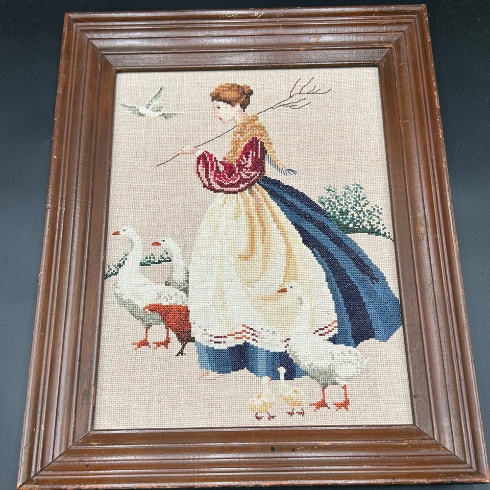 Framed cross stitch Art with Woman and Geese, goose, butternut road